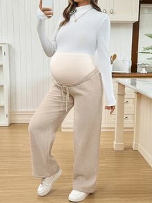 SHEIN Maternity Solid Color Adjustable Waist Straight Leg Casual Pants - Khaki - View 7