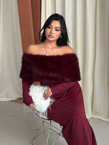 GalTyme Plus Size Women's Plush Patchwork Elegant Waist-Cinching Party Dress Fall - Burgundy - View 6