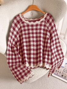 CosyJoli Plus Size Casual 1920s 90s Plaid Sweater, Autumn/Winter Formal Office Burgundy - Burgundy - View 4