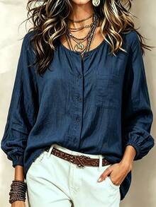 Glimmora Women's Solid Color Long Sleeve Single-Breasted Casual Pocket Shirt - Blue - View 2
