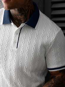 Manfinity Homme 男士時尚休閒短袖 Polo 衫，男士針織提花上衣，圖案短袖 Polo 衫，復古風格，日常休閒 - 白色 - 查看 3