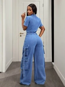 SHEIN Tall Overall Denim Washed dengan Resleting dan Kantong Kargo untuk Wanita Tinggi, Modis, dan Bergaya. - Light Wash - View 2