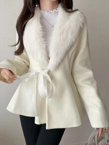 FRIFUL Women's Solid Color Fur Collar Long Sleeve Waist Tie Elegant Overcoat Fall - Beige - View 9