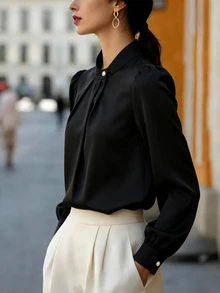 SHEIN Women's Woven Solid Color Ruched Collar Casual Elegant Long Sleeve Blouse, Autumn Office Dinner Black - Black - View 4