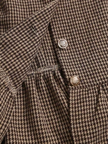 Sweetra Vintage French Houndstooth Jacquard Wool Short Jacket With Ruffle Hem, Feminine Girl Style, Cinched Waist, Puff Sleeves, Delicate White Embroidered Lace Trim, Velvet Bow Decor, Classic Versatile For Dates, Outings And Light Office Commute, Women's Woolen - Mocha Brown - View 5