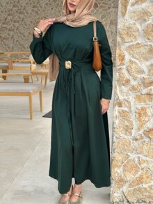Solavon Women's Solid Color Metal Decor Casual Modest Elegant Party Office Tea Party Long Dress Dark Green Autumn - Dark Green - View 4