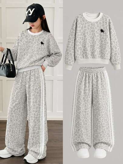 Teen Girl Leopard Print Long Sleeve Crew Neck Sweatshirt & Straight Leg Sweatpants 2-Piece Set