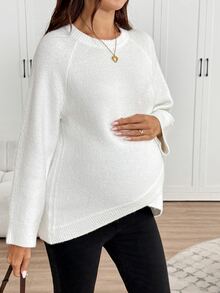 SHEIN 孕婦純色休閒大肚友好浪漫百搭日常穿著長袖針織衫 秋季拍照 正式白色居家服 嬰兒洗禮 - 白色 - 查看 6