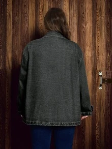 Breezaya Áo khoác denim nữ size lớn phong cách thường ngày, giặt mài, một hàng khuy - màu đen - Xem 2