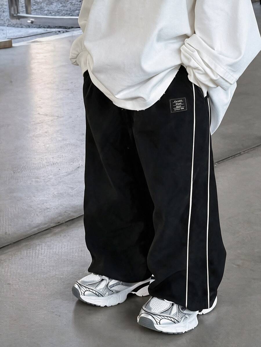 兒童青少年男孩休閒運動校園風百搭時尚簡約實用柔軟舒適直筒長褲,附裝飾抽繩與腰部綁帶,適合日常穿著、校園活動、運動,四季皆宜 - 黑色 - 查看 1