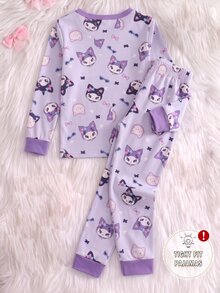 2件組女童卡通印花修身睡衣套裝，淺紫色圓領長袖長褲居家服，柔軟親膚面料，適合幼兒春/秋季舒適居家穿著 - 彩色 - 查看 2