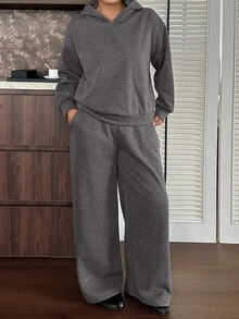 Livesso Plus Size Thermal Lined Thick Sequin Design Autumn Winter Loose Casual Hoodie Sweatshirt And Straight Leg Pants 2pcs Set - Dark Grey - View 6
