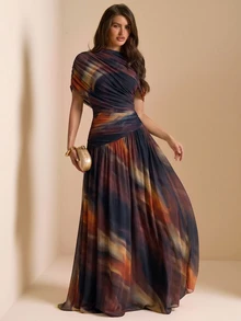 SHEIN BAE 秋冬棕色紮染印花抓皺修身顯瘦優雅女款超長網紗洋裝，修身優雅顯瘦洋裝，垂墜洋裝，萬聖節洋裝 - 棕色 - 查看 5