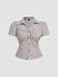 SHEIN MOD Plus Size Women's Single-Breasted Short Sleeve Pleated Plaid Shirt, Summer - Brown - View 1