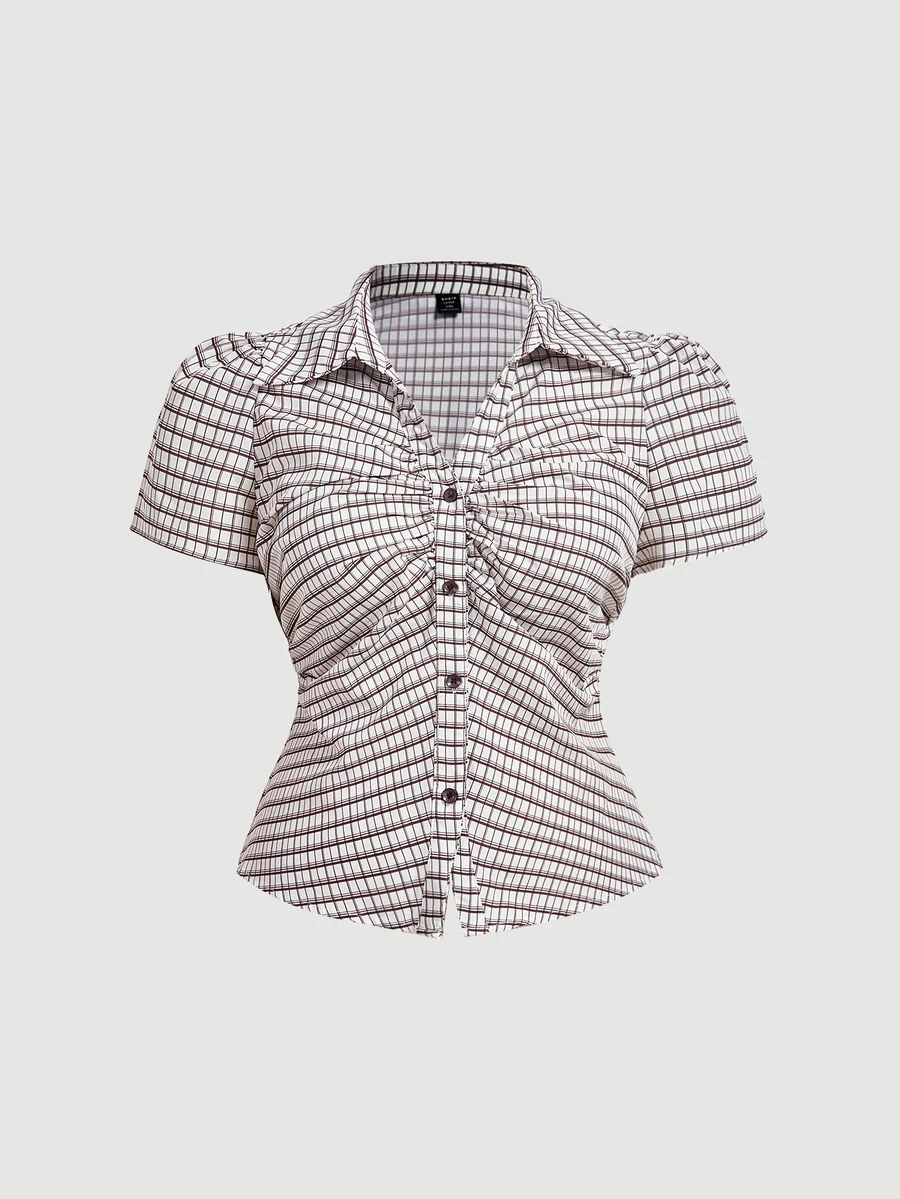 SHEIN MOD Plus Size Women's Single-Breasted Short Sleeve Pleated Plaid Shirt, Summer - Brown - View 1