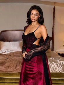Slumberist Sexy Sheer Lace Black & Red Contrast Color Open Back Robe & Nightgown Sleepwear Set For Women - Burgundy - View 3