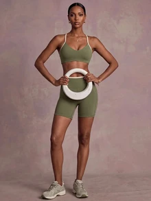 Zivah Women's Olive Green Sports Bra Shoulder Top Shorts Sportswear Set Gym Workout Activewear Outfit For Autumn Winter Workout Gym Active Modest - Multicolor - View 12