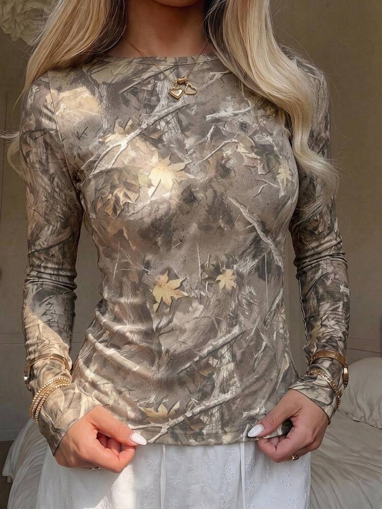 CovetEZ Sexy Cold Shoulder Leaf & Branch Long Sleeve T-Shirt Graphic Tees Going Out Tops Suitable For Autumn/Winter, Autumn/Winter Outfit - Multicolor - View 1