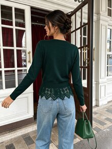 SHEIN Franclia 優雅蕾絲飾邊女款開襟衫 - 墨綠色 - 查看 2