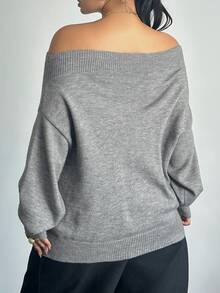 POPSWAY Plus Size Women's Off-Shoulder Long Sleeve Zipper Front Knit Cardigan Fall - Grey - View 2