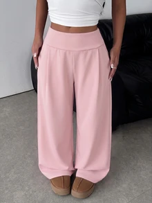 SHEIN Teen Girl Knit Light Pink Loose Casual Drawstring Pocket Wide Leg Sweatpants - Pink - View 6
