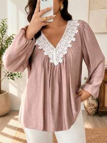 SHEIN LUNE Blus Longgar Lengan Panjang Berkerah V dengan Detail Renda dan Kerutan Ukuran Plus untuk Pakaian Kasual, Jalan-jalan, Kencan, Pesta, Perjalanan Sehari-hari, dan Pakaian Rumah Musim Gugur - Dusty Pink - View 8