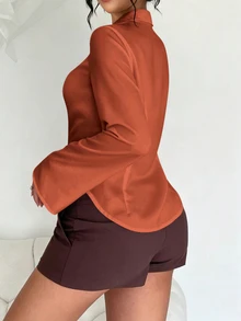 Elenzga Kemeja Wanita Ukuran Besar Warna Polos Kasual Elegan Longgar Serbaguna untuk Pakaian Sehari-hari, Kerja, Kantor, Liburan, Formal, Cokelat, Musim Semi/Gugur - Jeruk - View 2
