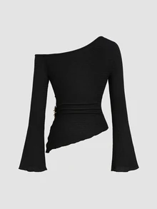 Sunnyshic Women's Asymmetrical Shoulder Flared Long Sleeve Asymmetrical Hem Waist Side Ruched Metal Button T-Shirt - Black - View 3