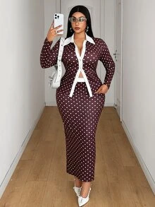 Maweii Set Atasan Kancing Kerah Polkadot Ukuran Besar dan Rok Polkadot Belahan Belakang, Busana Elegan Serbaguna untuk Komuter, Set Pakaian Dalam Musim Gugur/Dingin - Coklat - View 2
