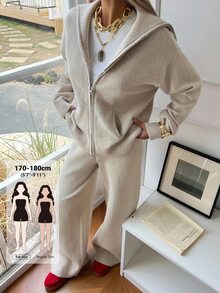 Dazy Tall Setelan Kasual 2 Potong Wanita Warna Polos Lengan Panjang Model Bahu Longgar dan Celana Rajut untuk Musim Gugur - Krem - View 1