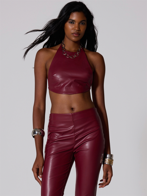 MUSERA Red PU Halterneck Backless High Neck Crop Top Summer Autumn Fall Winter  Going Out Festival Cool Girl Low Frequency
