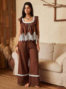 Lullawish Bohemian Style Women's Contrast Color Lace Ruffle Short Sleeve Long Pants Pajama Set - Brown - View 1