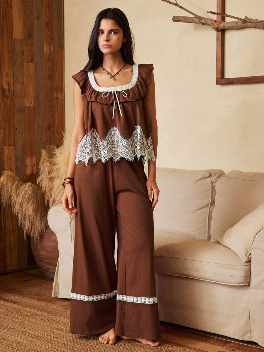 Lullawish Bohemian Style Women's Contrast Color Lace Ruffle Short Sleeve Long Pants Pajama Set - Brown - View 1