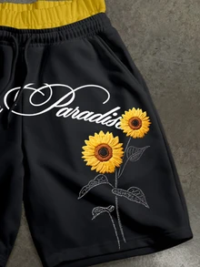 Manfinity ZONE917 Boxy Cropped Street Sunflower Graphic Print Batwing Sleeve T-Shirt & Double Waistband Short Sweatpants Set - Black - View 4