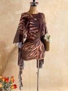 Soleia 動物印花披肩袖透視女款滿版印花洋裝與純色上衣休閒兩件套性感女裝 - 彩色 - 查看 7