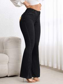 SHEIN ICON 女款南瓜圖案休閒喇叭腿牛仔褲 - 黑色 - 查看 3