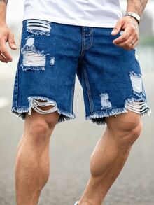 Slateforde Loose Fit Men's Cotton Ripped Frayed Raw Trim Denim Shorts - Medium Wash - View 4