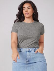 SHEIN BASICS Camiseta de cuello redondo lisa y ajustada para verano - Gris - Ver 3