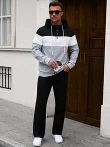 Manfinity CasualCool 男士黑白灰經典拼色連帽衛衣，四季百搭成熟休閒舒適居家穿搭連帽衫 - 彩色 - 查看 3
