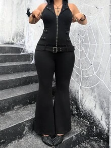 Jeanoix Plus Size Women's Sexy Halter Neck Denim Jumpsuit With Flared Legs - Black - View 5