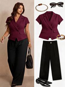 Elaquor Plus Size Women Solid Color Casual Versatile Commute Blazer Vest - Burgundy - View 1
