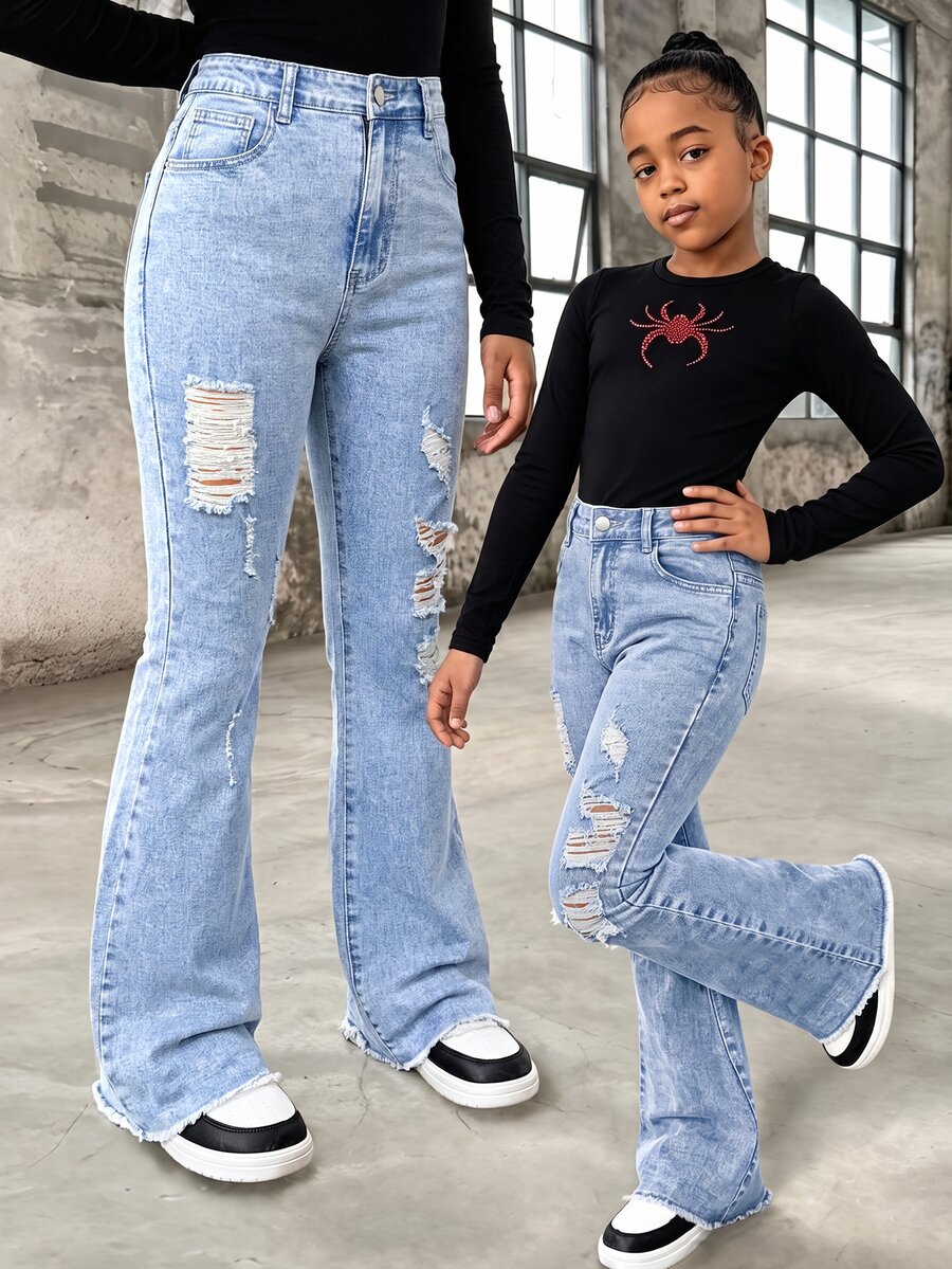 SHEIN بنطلون جينز دنيم بخصر مطاطي وقصة واسعة من الأسفل بغسيل ثقيل متعدد الاستخدامات بأسلوب Y2K للفتيات المراهقات - أزرق فاتح - مشاهدة 1