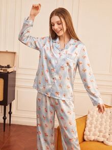 Provexi Provexi Women's Long Sleeve Long Pants Cartoon Print 2 Pieces Pajama Set Lounge Sleep Light Blue Autumn Romantic Cute - Blue and White - View 4