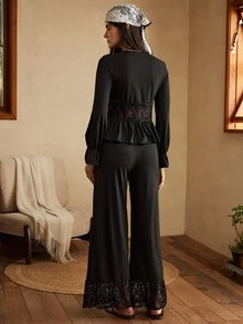 Lullawish Bohemian Lace Hollow Out Women's Pajama Set - Black - View 2
