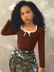 Coolane Kids Ballet Style Bow Slim Fit Ladies T-Shirt Simple Fashion Casual Daily,Fall Tween Girls' Clothes - Brown - View 5