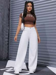 SHEIN PETITE White High-Waist Straight Leg Denim Jeans - White - View 4