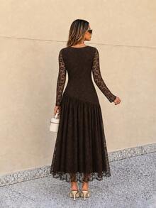 Selenza Women's Autumn/Winter Coffee Color Deep V-Neck Lace Long Sleeve Simple Elegant Dress - Brown - View 3