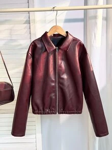 SHEIN Sparklyn 青少年女孩秋冬休閒日常高端校園通勤Ins風百搭PU皮革翻領寬鬆夾克，秋季服飾，抓絨，長袖 - 酒紅色 - 查看 4