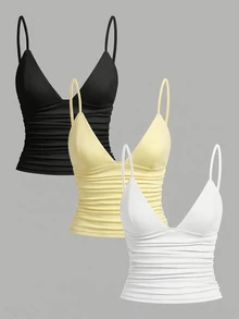 SHEIN EZwear 3件組女款休閒抓皺修身細肩帶背心，內建胸墊，適合夏季 - 彩色 - 查看 1