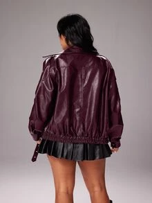 Rustia Plus Size Premium Street Style Cool Autumn New Loose Fit Versatile Fashion Motorcycle Leather Jacket - Red Violet - View 2